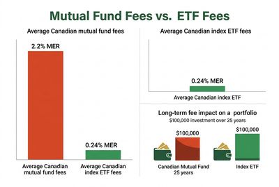 Cost comparison showing ETF MER of 0.24% versus mutual fund MER of 2.0%, with long-term fee impact on a $100,000 portfolio over 25 years